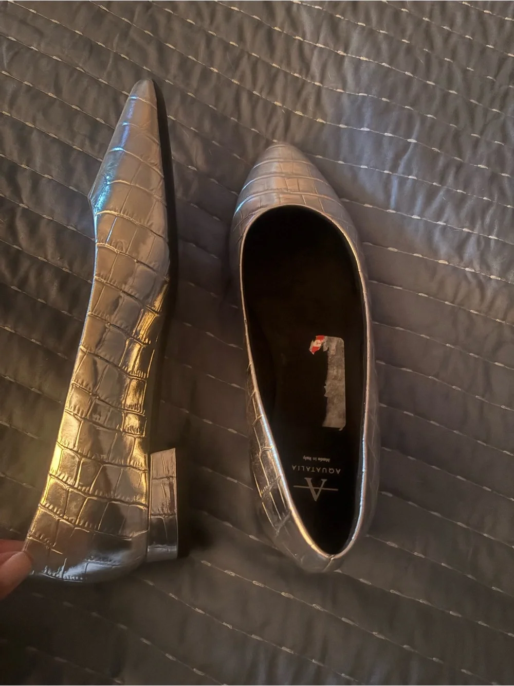 Aquatalia Silver Metallic Croc-Embossed Pointed Toe Slip-Ons